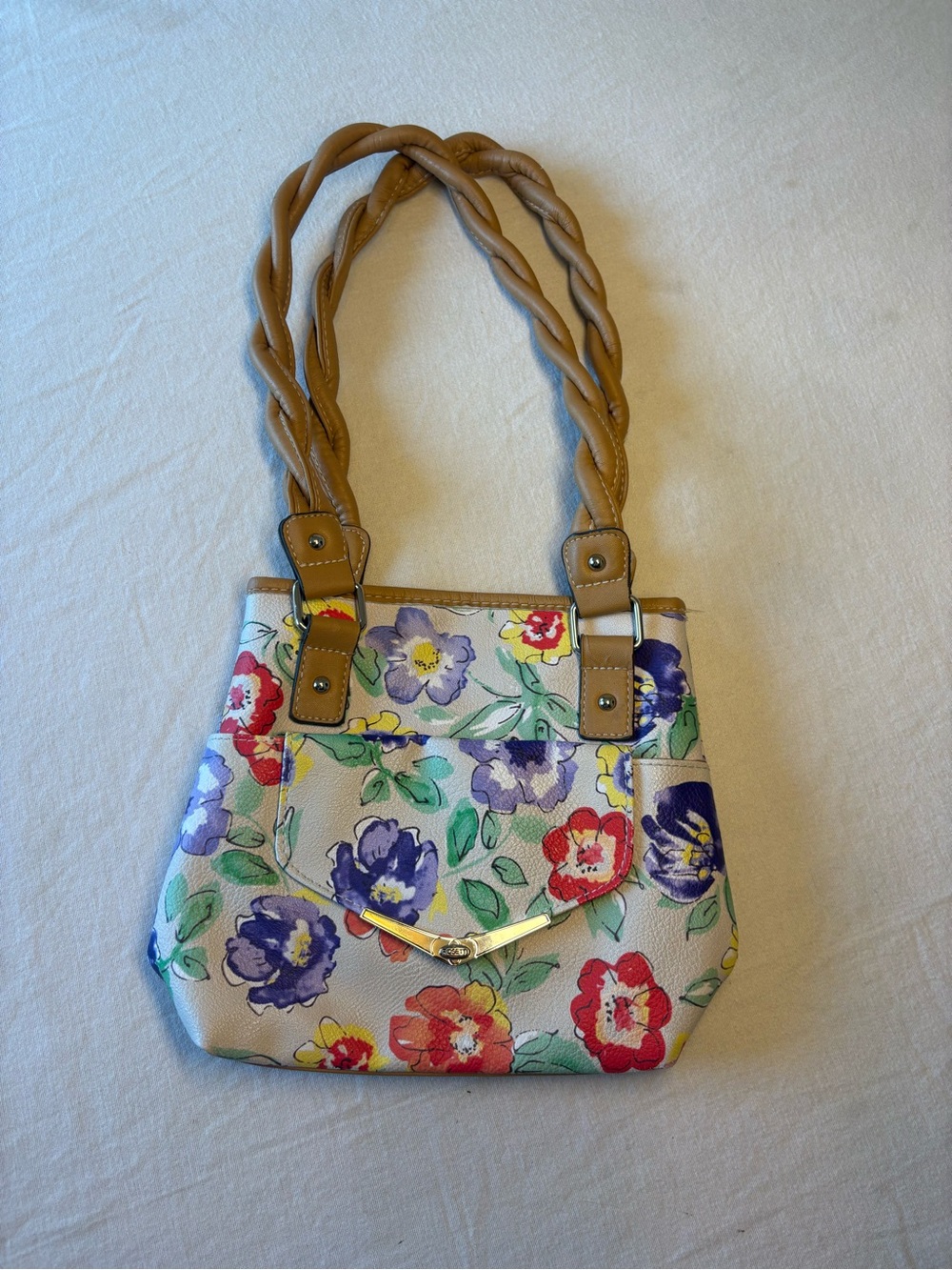 Rosetti Floral Canvas Shoulder Bag in Cream with Tan Handles
